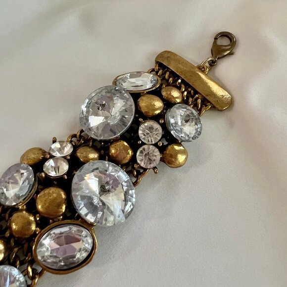 Chunky Large Rhinstone Bronze Gold Tone Statement Fashion Costume Bracelet - Picture 4 of 11